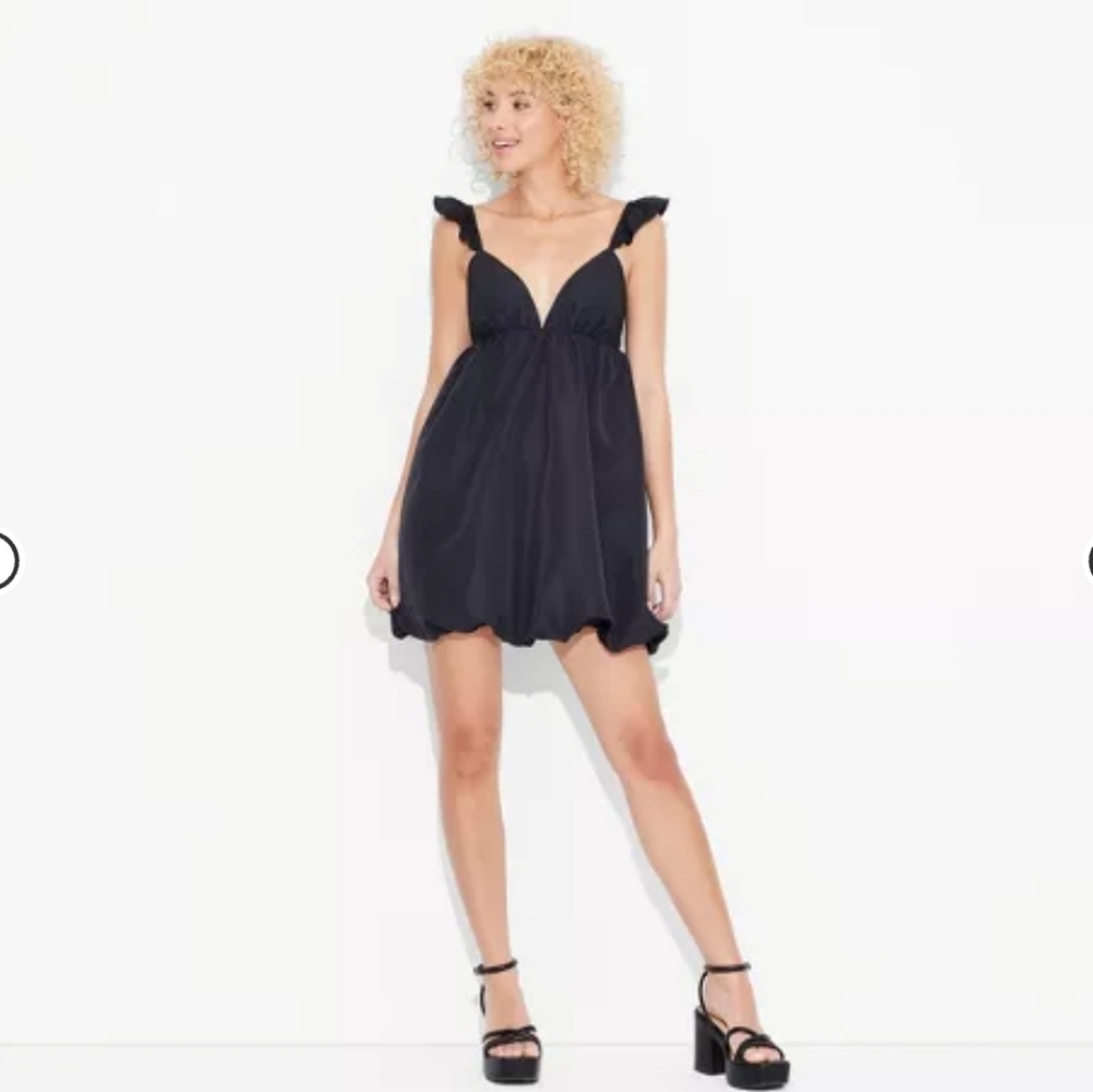 Wild Fable Black Bubble Mini Dress with Ruffled Sleeve Details. Size XS